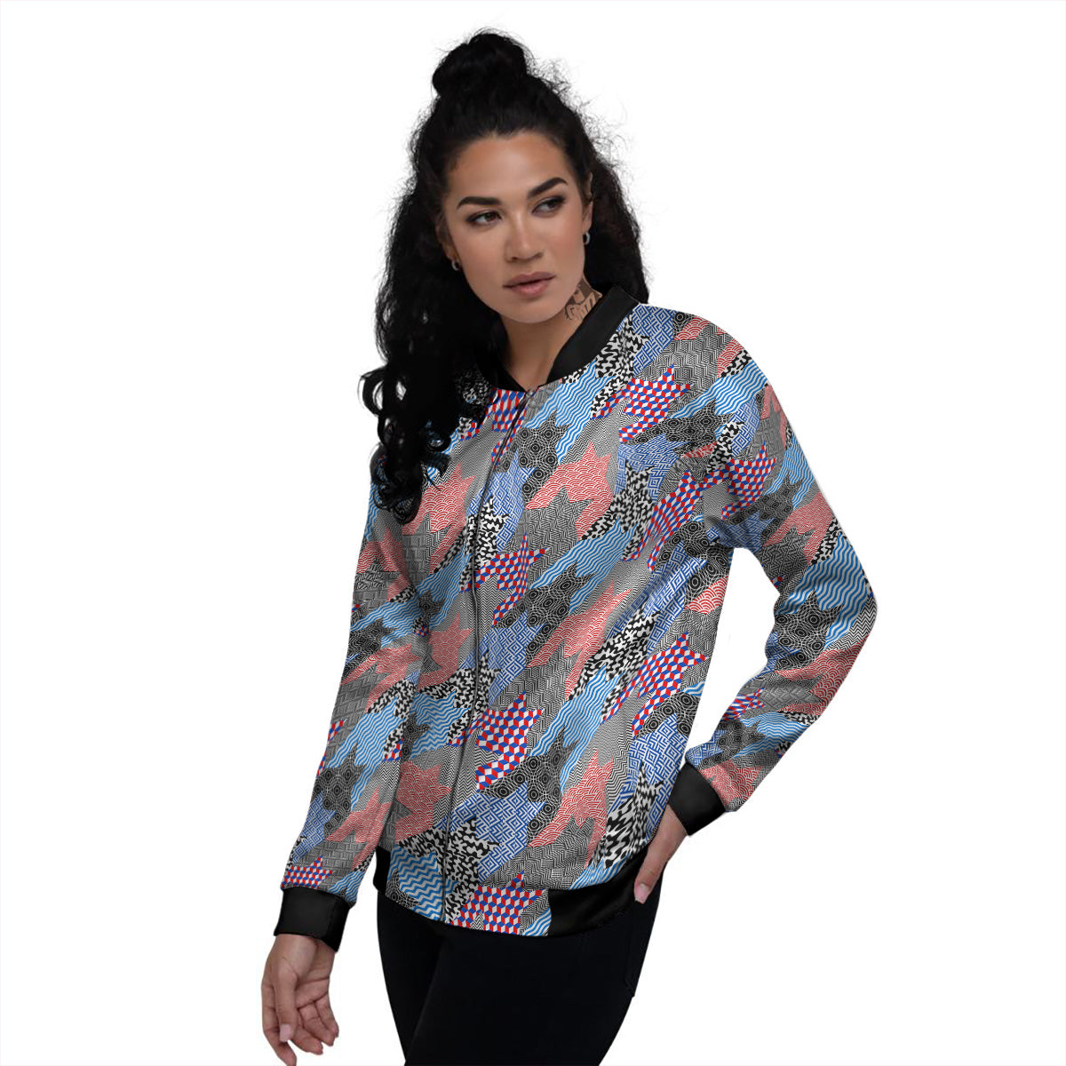Patchwork Style And Classic Houndstooth Print Pattern Women's Bomber Jacket-grizzshop