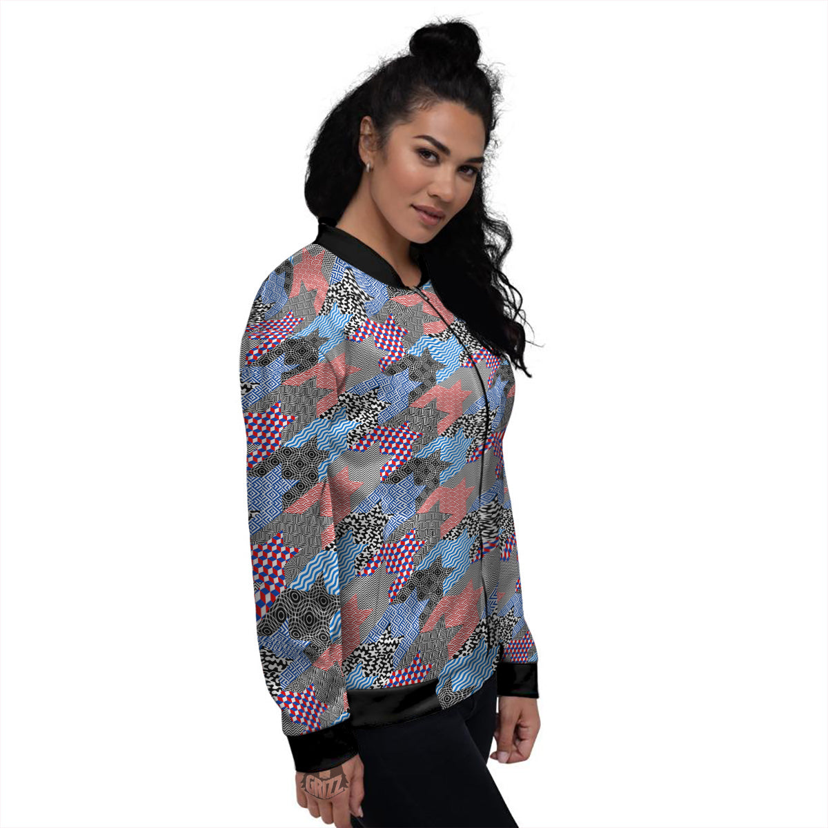 Patchwork Style And Classic Houndstooth Print Pattern Women's Bomber Jacket-grizzshop