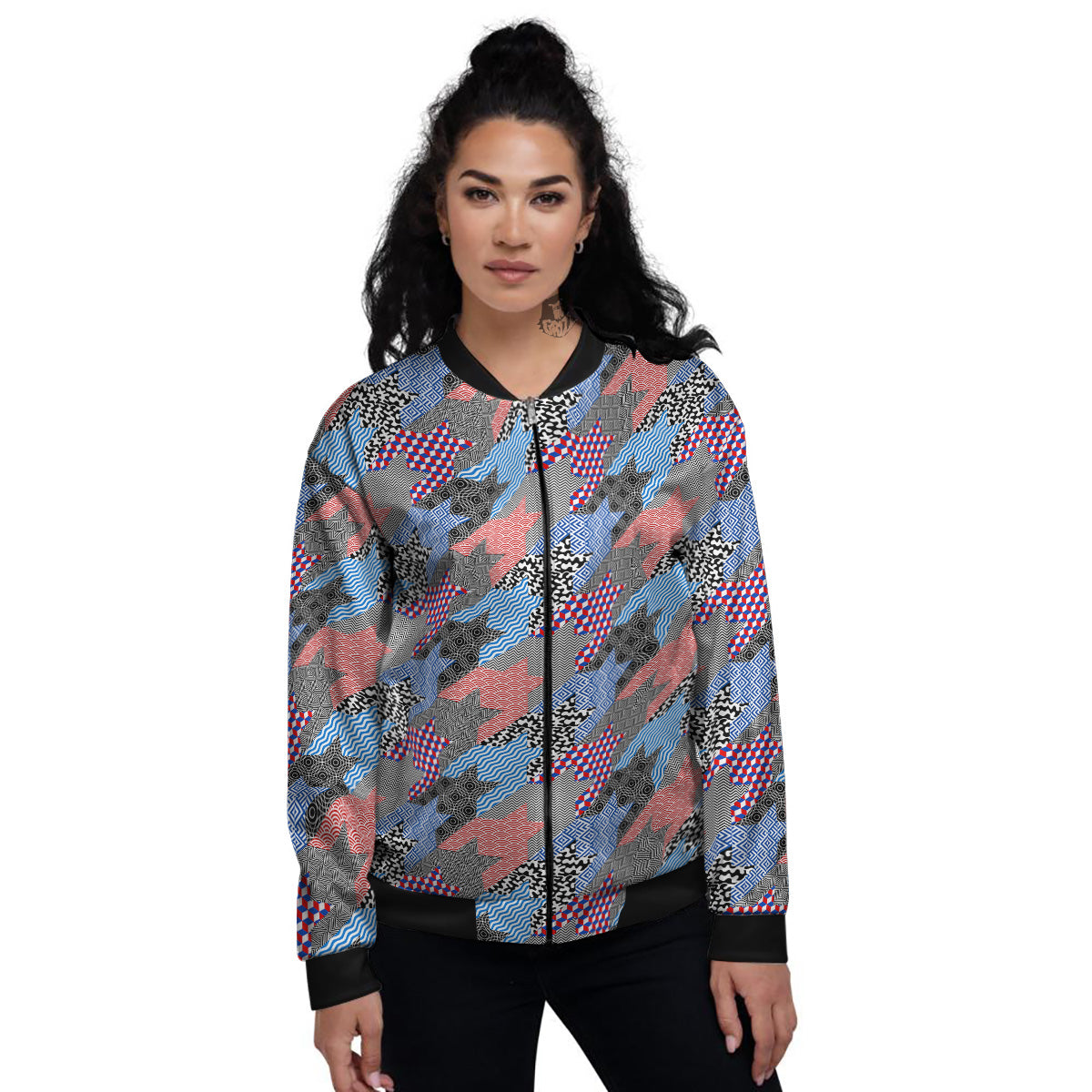 Patchwork Style And Classic Houndstooth Print Pattern Women's Bomber Jacket-grizzshop