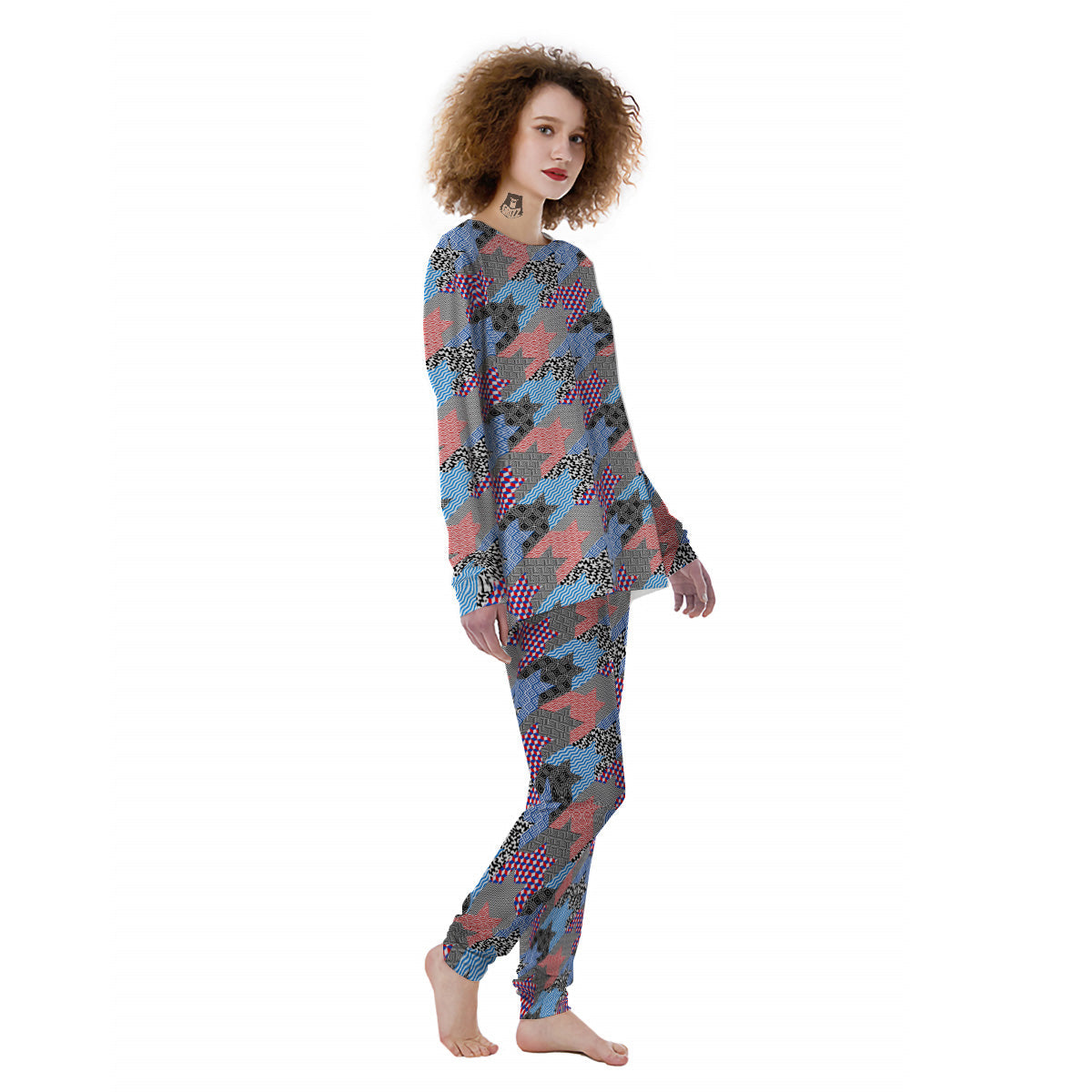 Patchwork Style And Classic Houndstooth Print Pattern Women's Pajamas-grizzshop