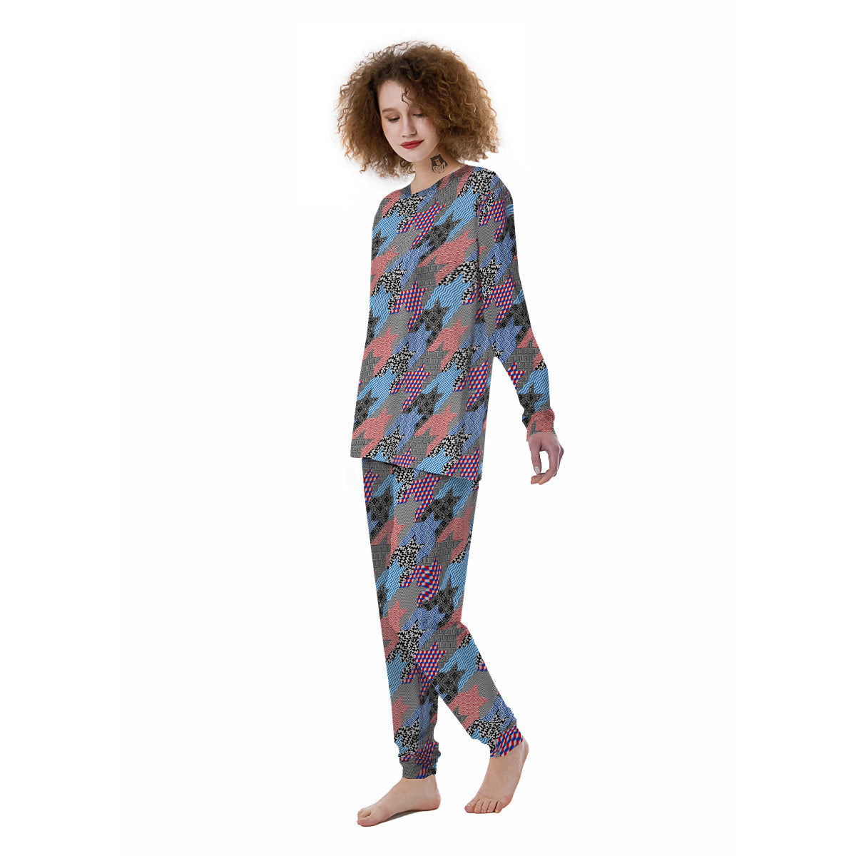 Patchwork Style And Classic Houndstooth Print Pattern Women's Pajamas-grizzshop