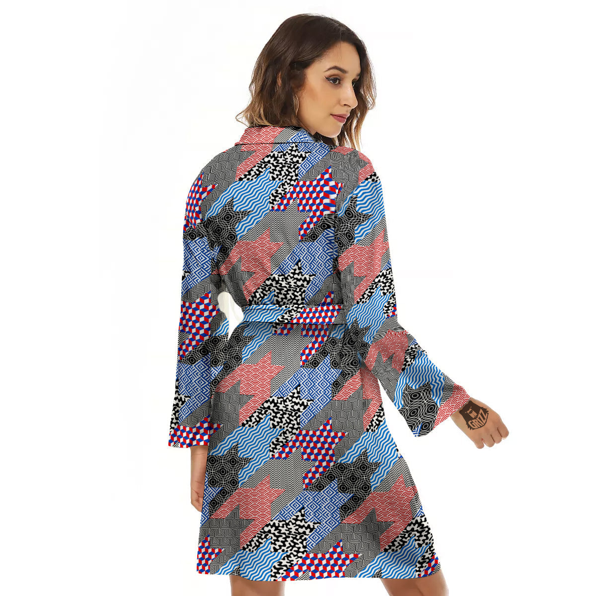 Patchwork Style And Classic Houndstooth Print Pattern Women's Robe-grizzshop