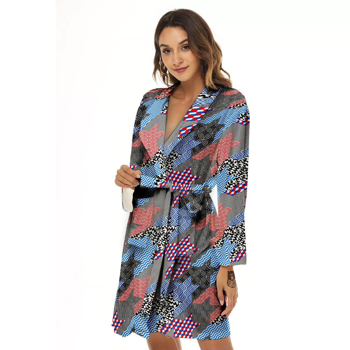 Patchwork Style And Classic Houndstooth Print Pattern Women's Robe-grizzshop