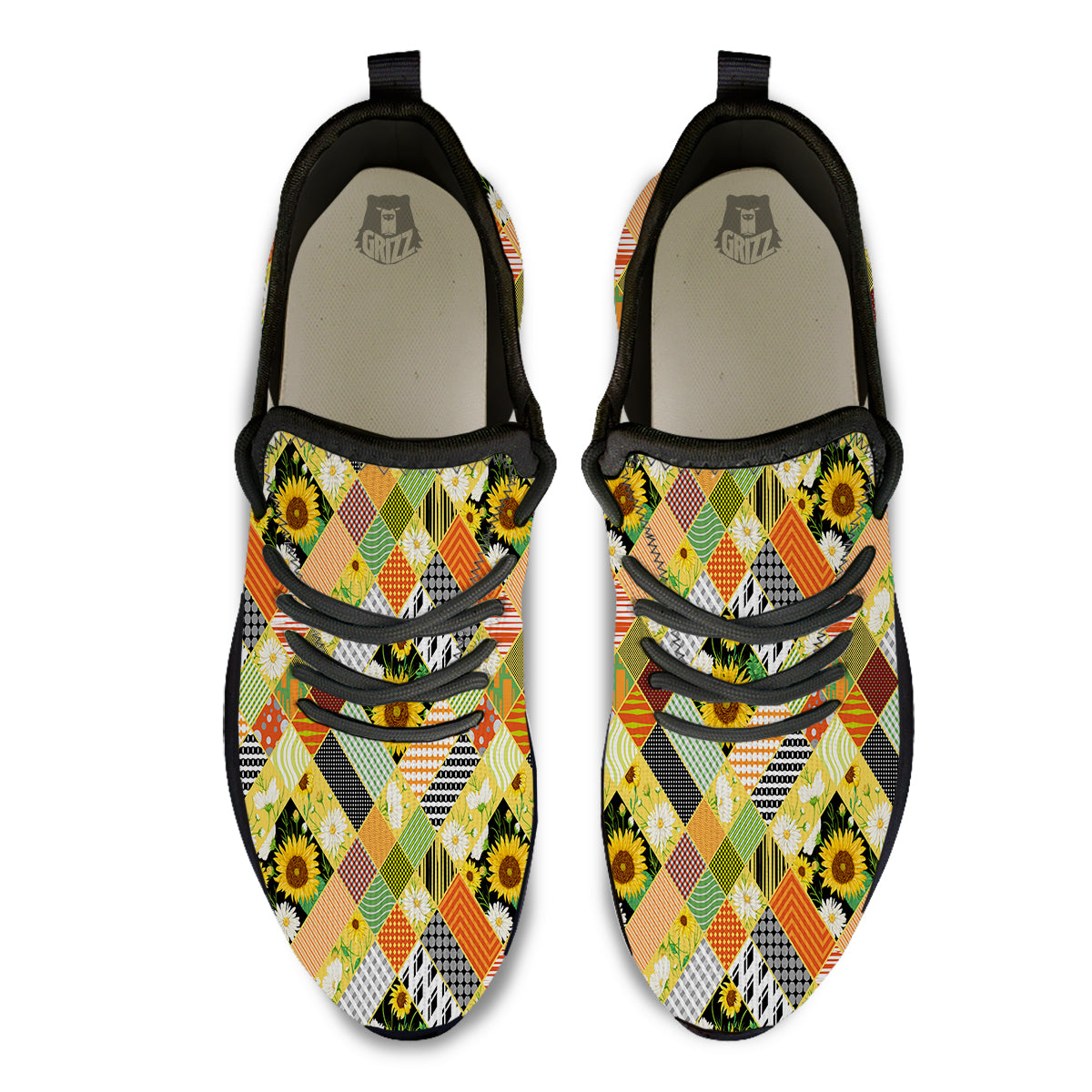 Patchwork Sunflowers Print Black Athletic Shoes-grizzshop