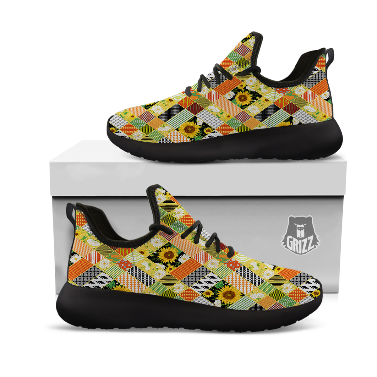 Patchwork Sunflowers Print Black Athletic Shoes-grizzshop