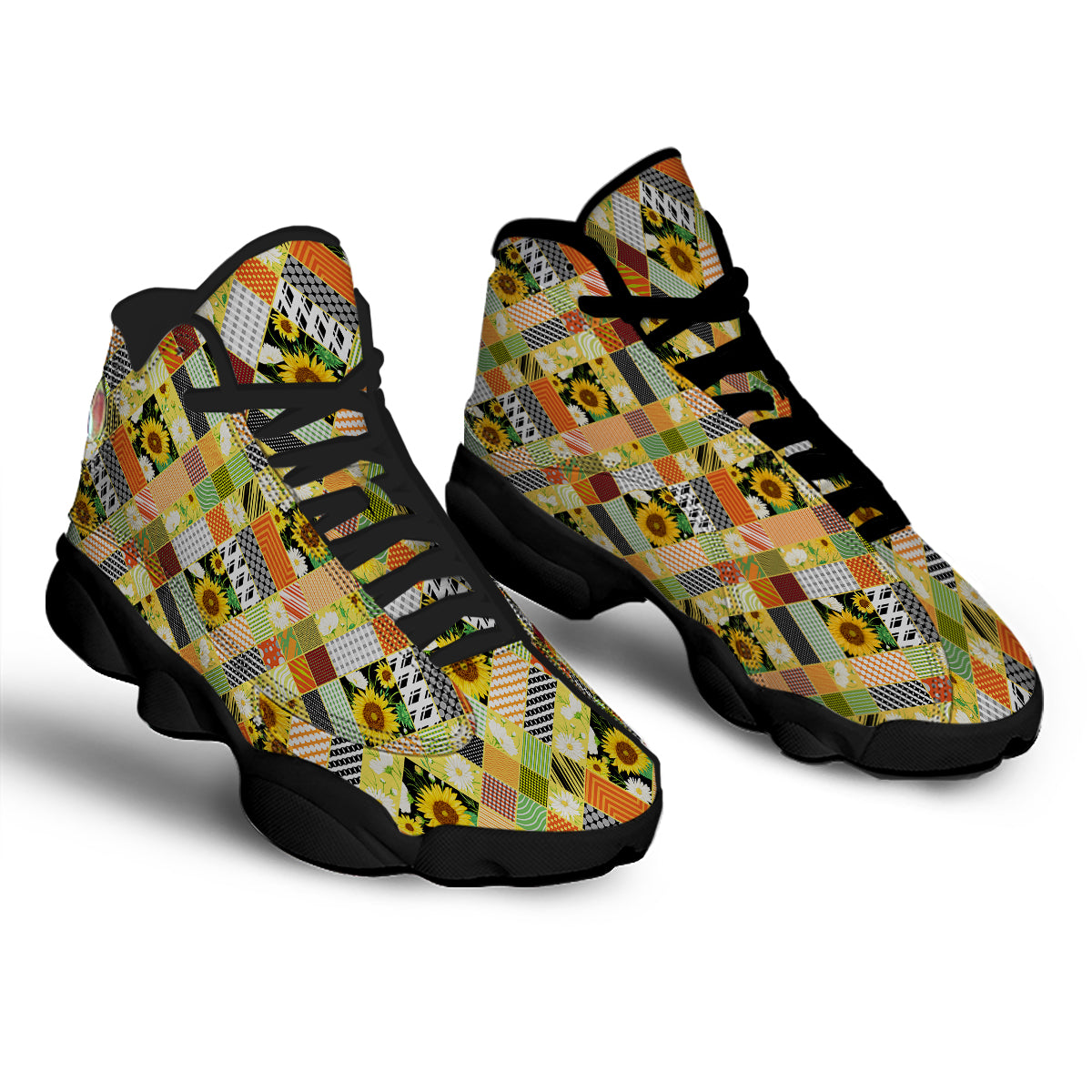 Patchwork Sunflowers Print Black Basketball Shoes-grizzshop