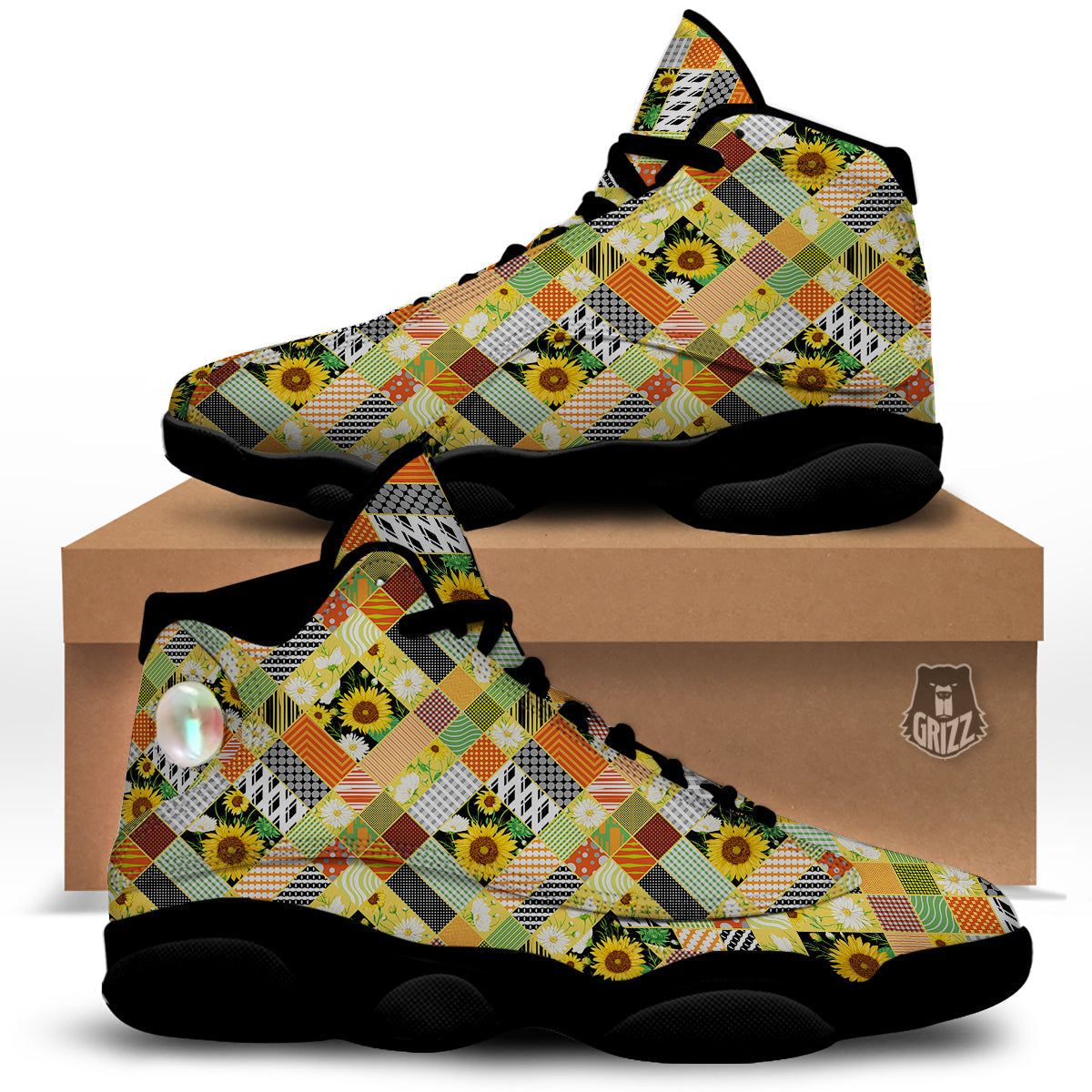 Patchwork Sunflowers Print Black Basketball Shoes-grizzshop