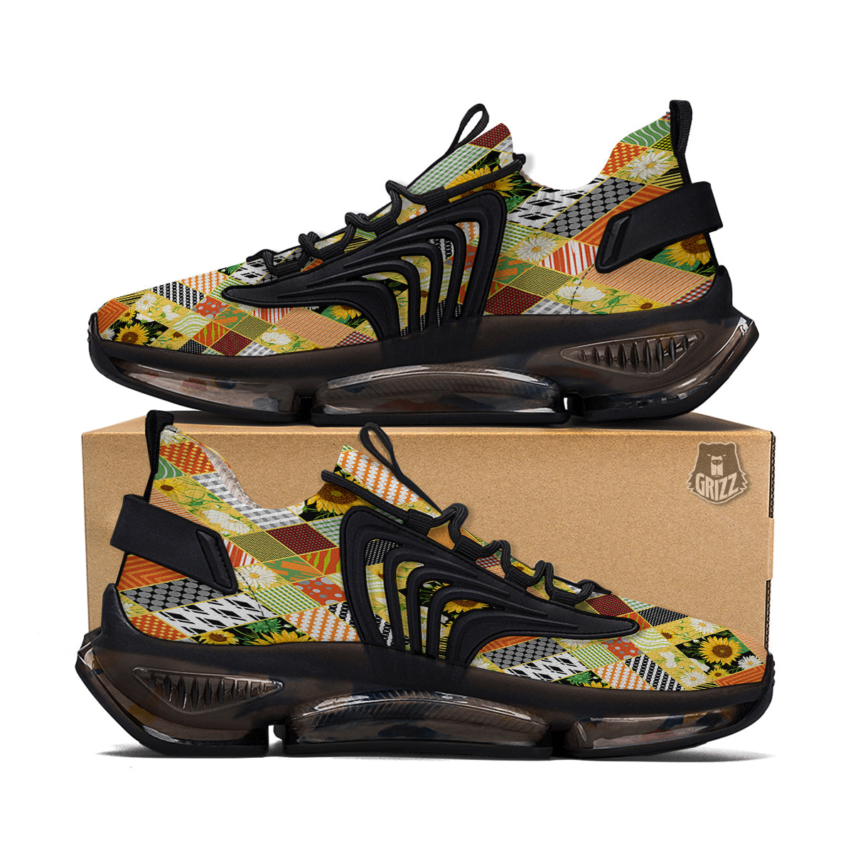 Patchwork Sunflowers Print Black Gym Shoes-grizzshop
