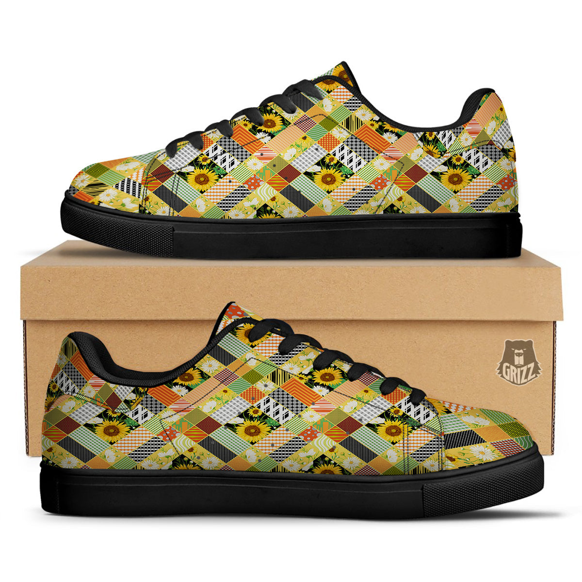 Patchwork Sunflowers Print Black Low Top Sneakers-grizzshop