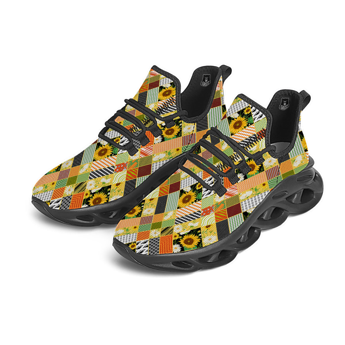 Patchwork Sunflowers Print Black Running Shoes-grizzshop