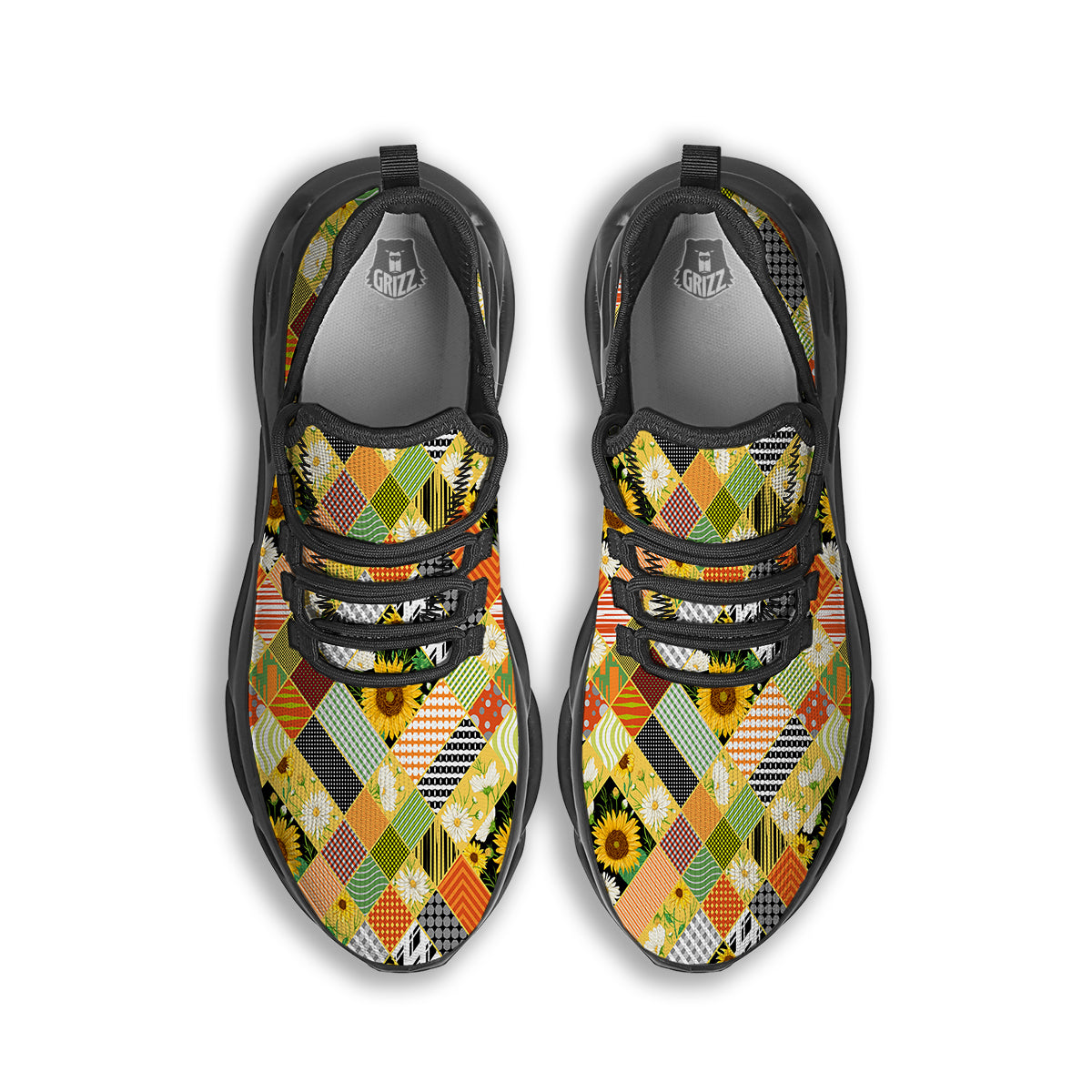 Patchwork Sunflowers Print Black Running Shoes-grizzshop