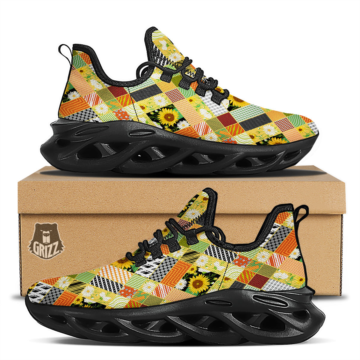 Patchwork Sunflowers Print Black Running Shoes-grizzshop