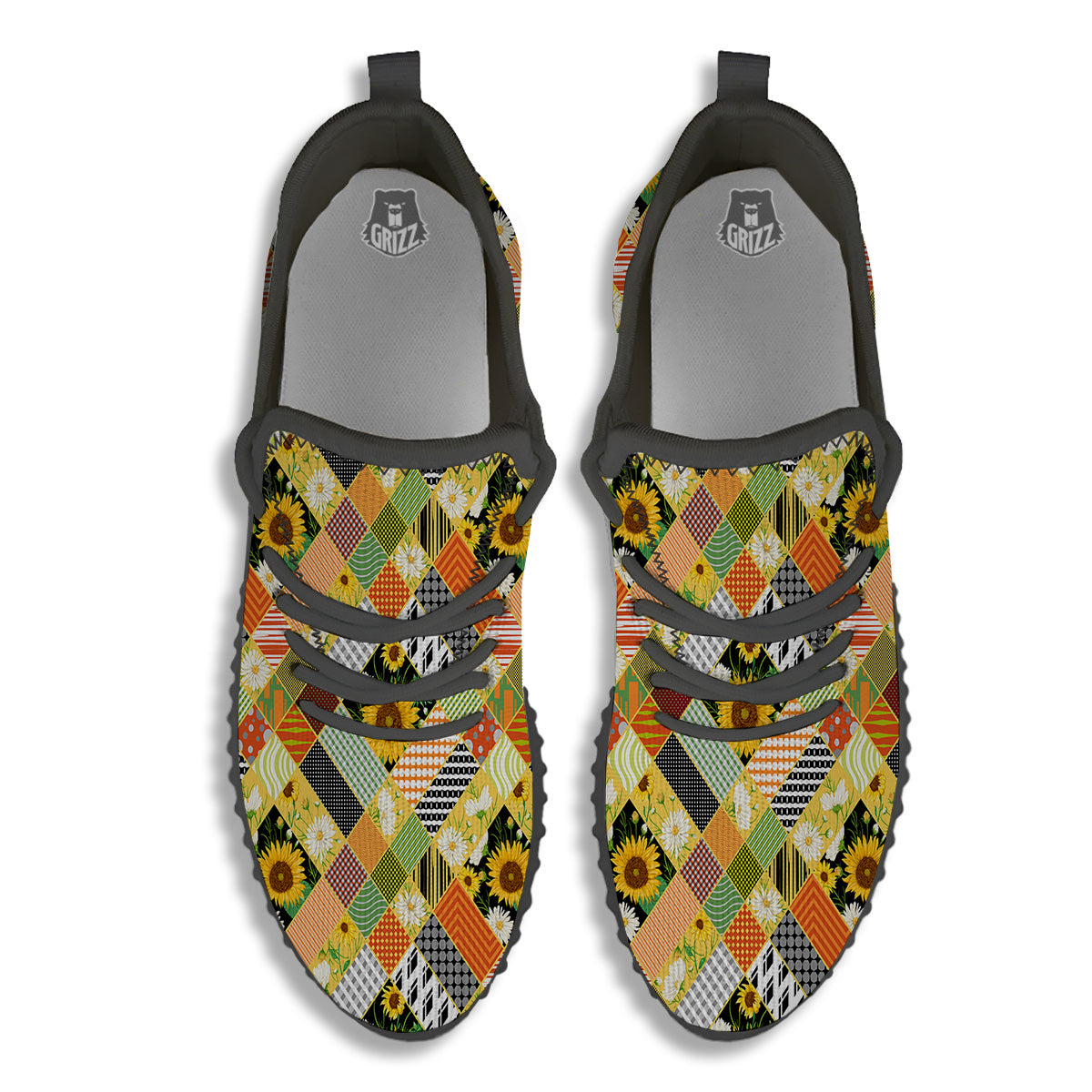 Patchwork Sunflowers Print Black Walking Shoes-grizzshop