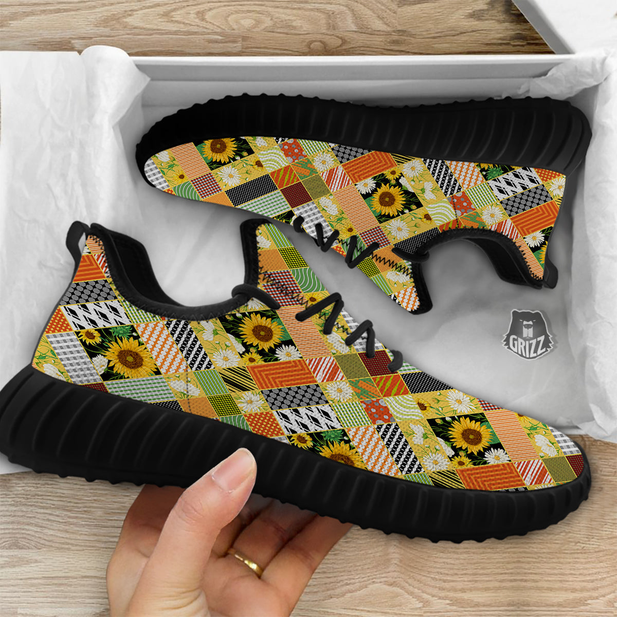 Patchwork Sunflowers Print Black Walking Shoes-grizzshop