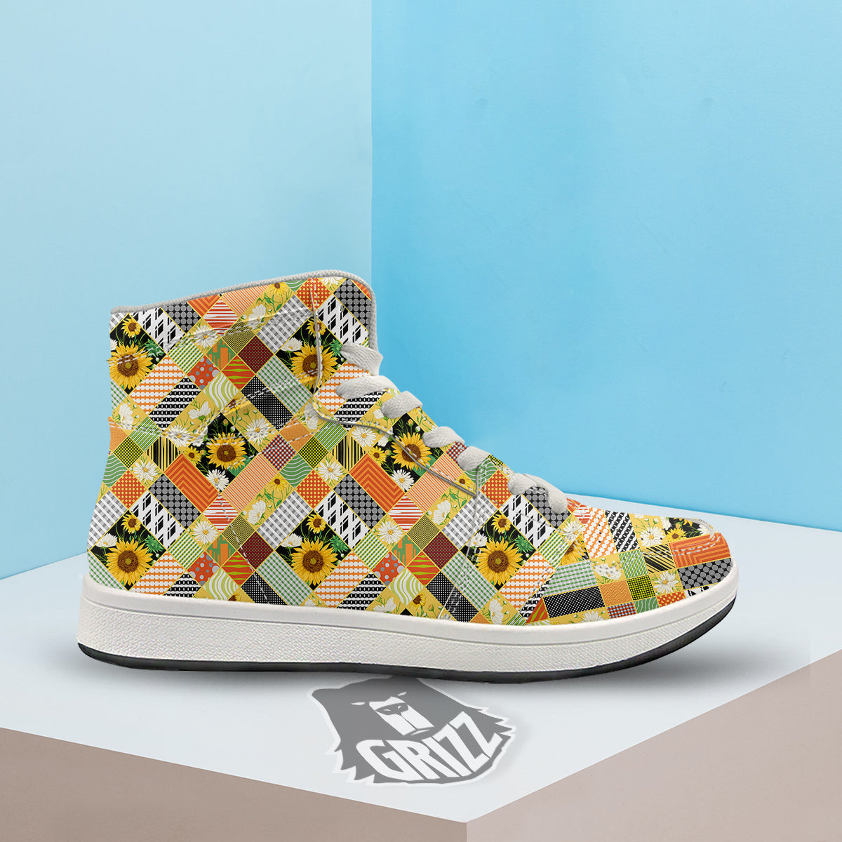 Patchwork Sunflowers Print High Top Sneakers-grizzshop