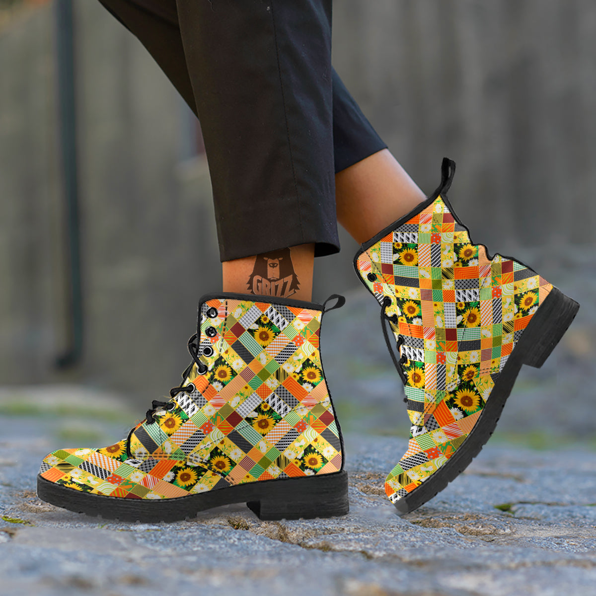 Patchwork Sunflowers Print Leather Boots-grizzshop