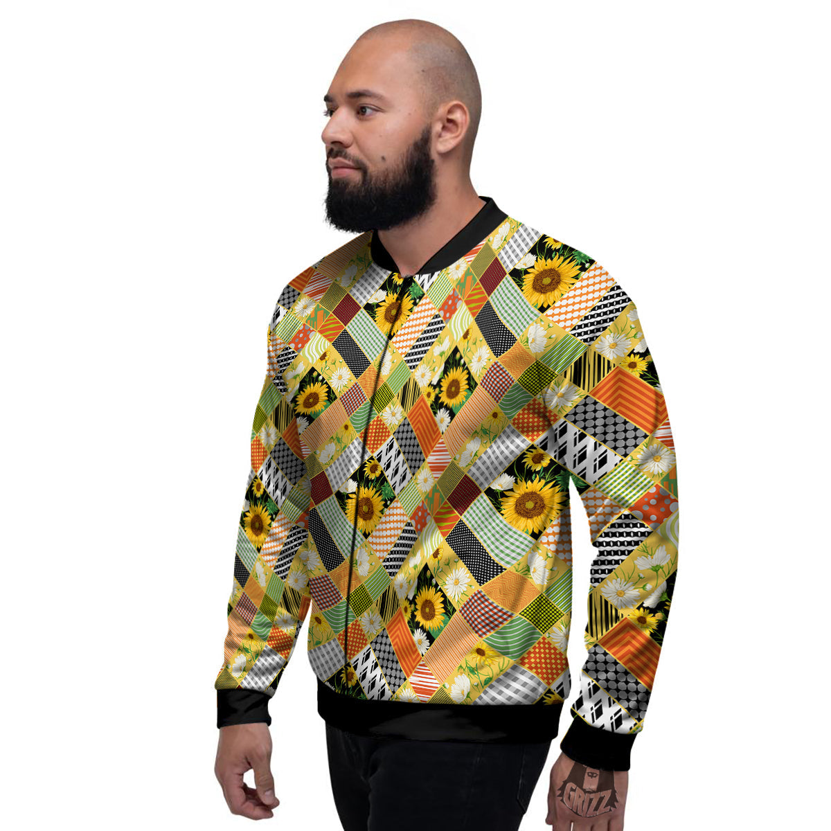Patchwork Sunflowers Print Men's Bomber Jacket-grizzshop