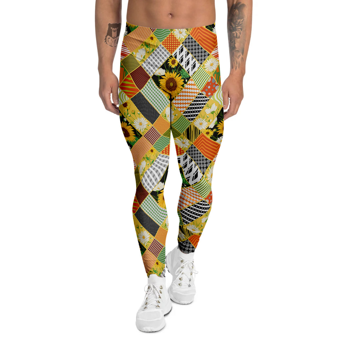 Patchwork Sunflowers Print Men's Leggings-grizzshop