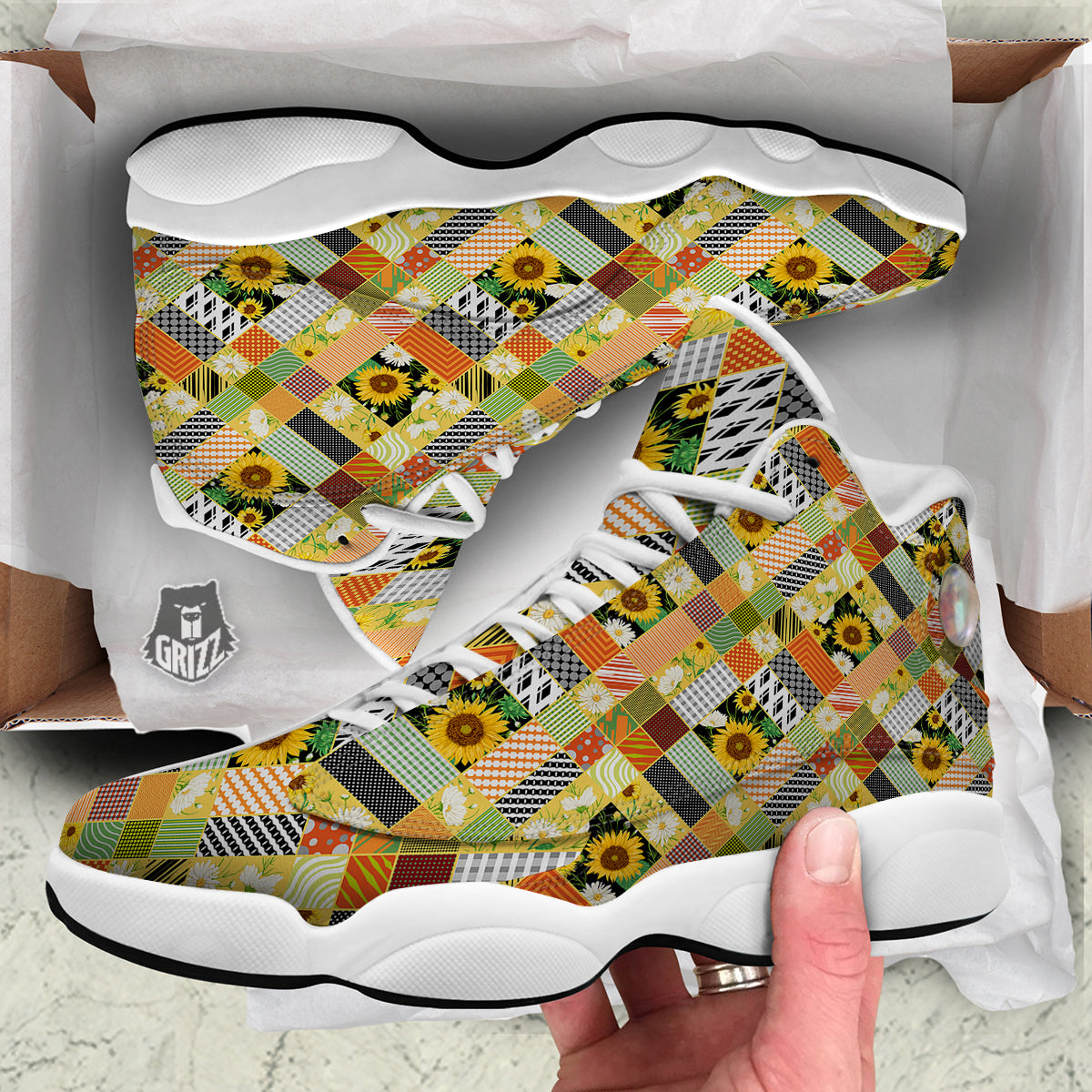 Patchwork Sunflowers Print White Basketball Shoes-grizzshop