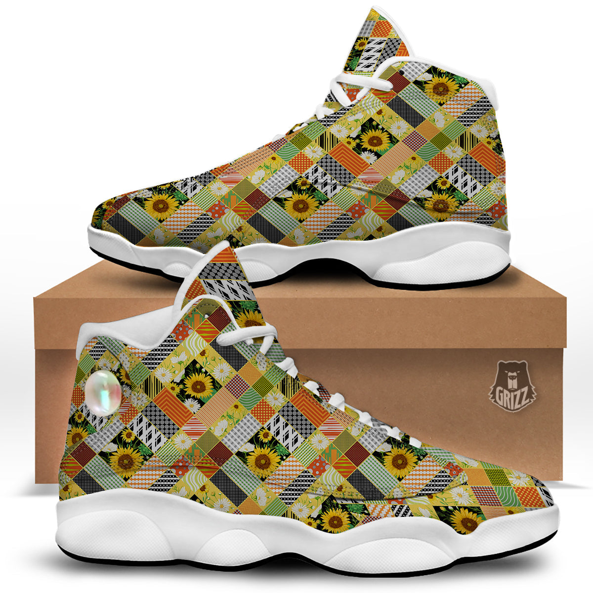 Patchwork Sunflowers Print White Basketball Shoes-grizzshop