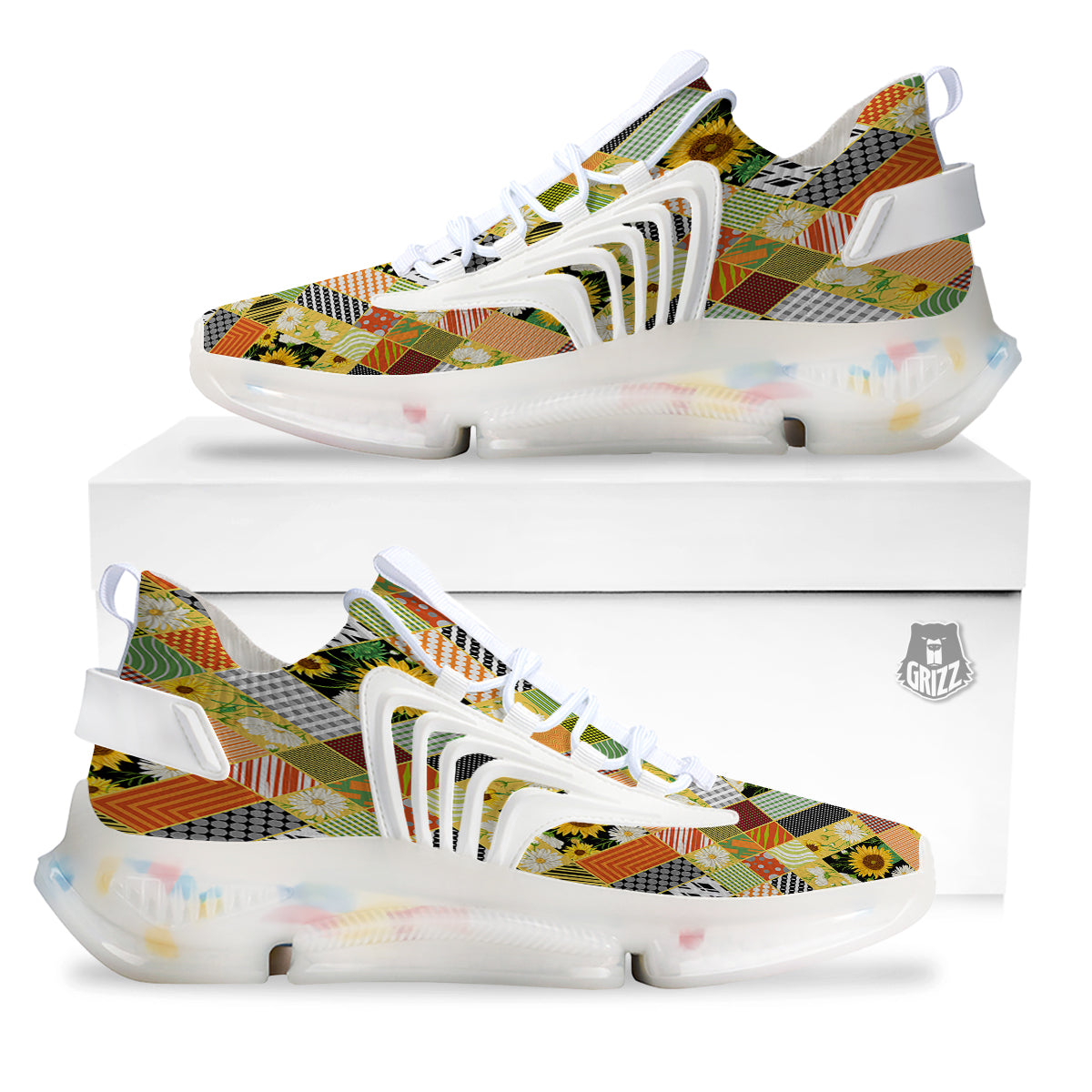 Patchwork Sunflowers Print White Gym Shoes-grizzshop