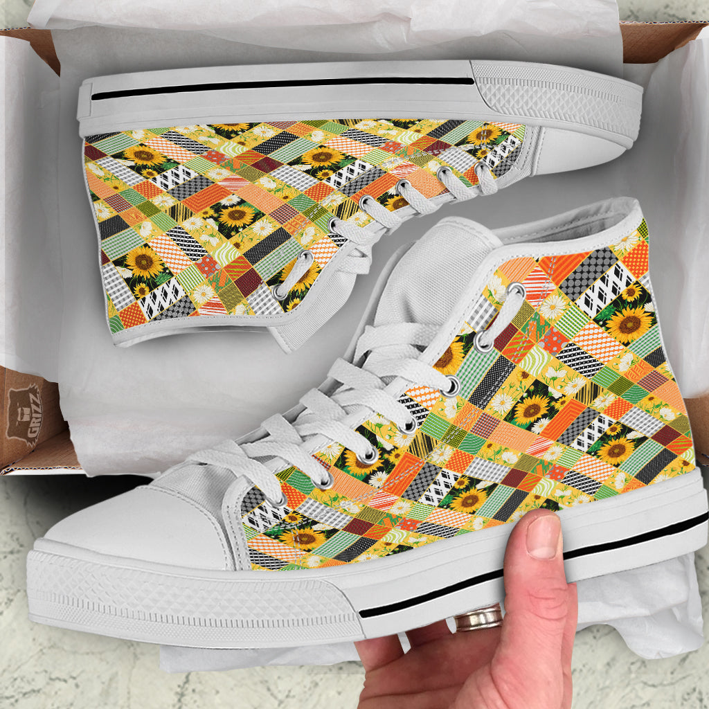 Patchwork Sunflowers Print White High Top Shoes-grizzshop
