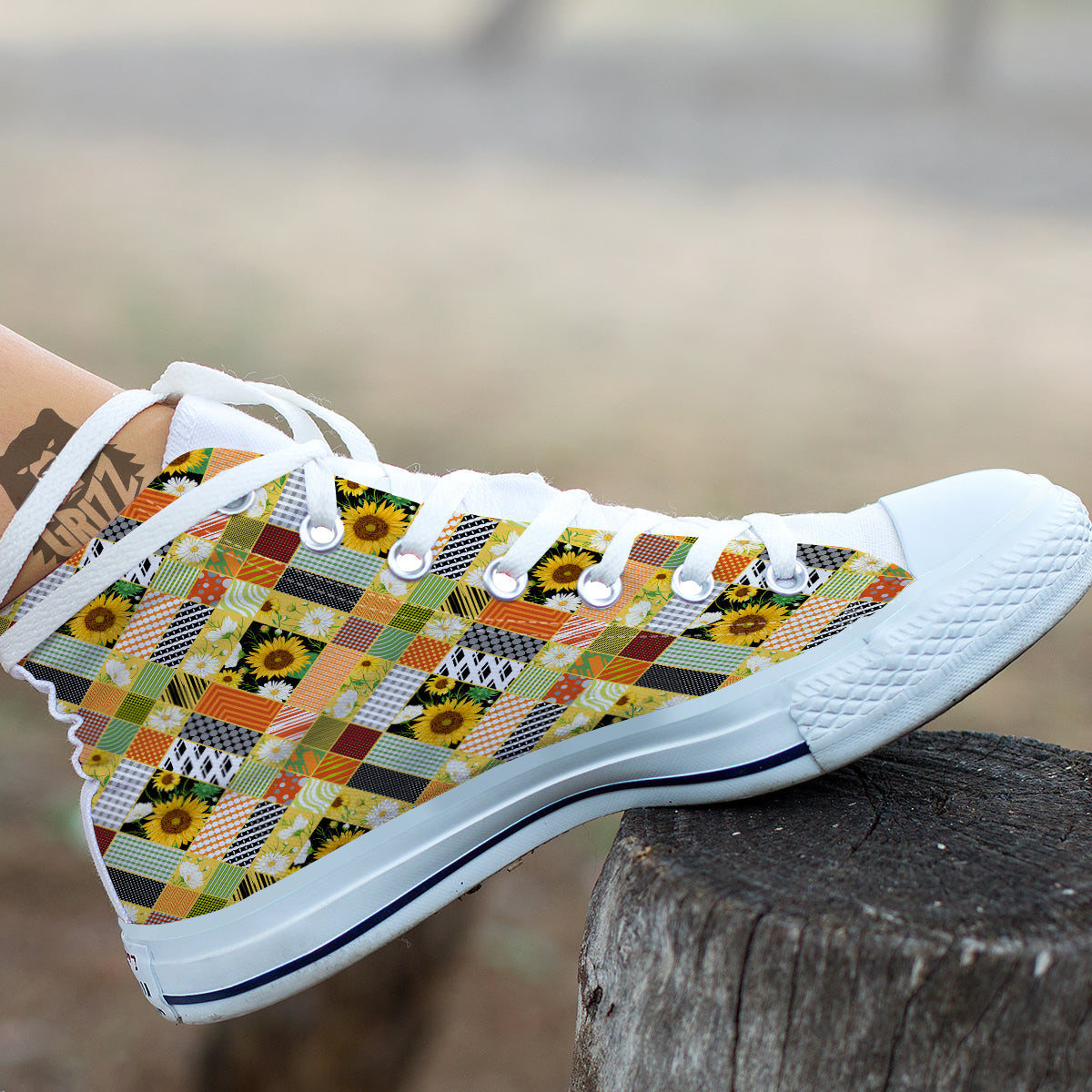 Patchwork Sunflowers Print White High Top Shoes-grizzshop