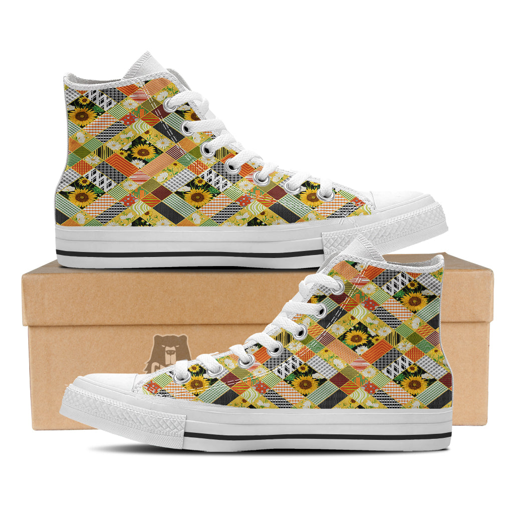 Patchwork Sunflowers Print White High Top Shoes-grizzshop