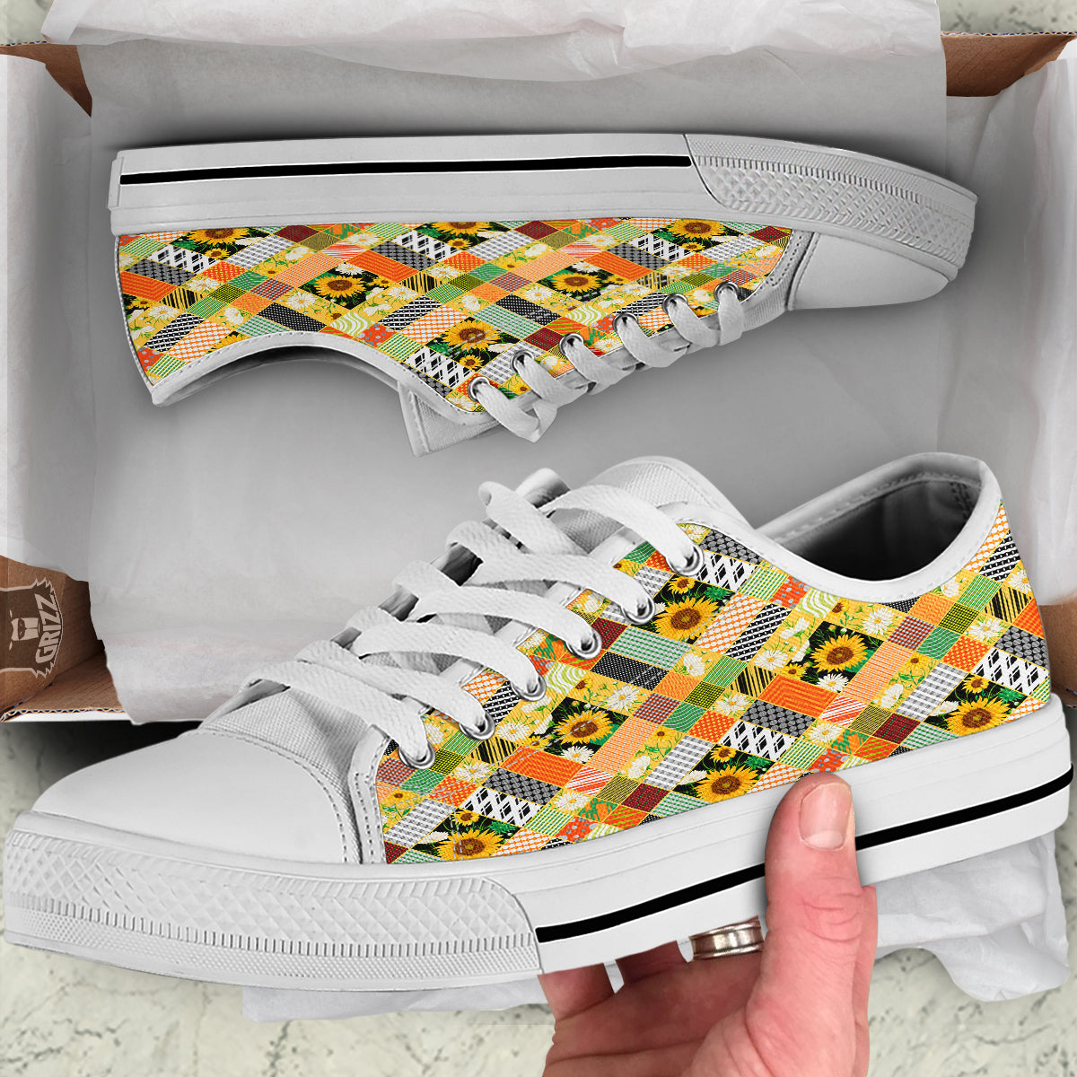 Patchwork Sunflowers Print White Low Top Shoes-grizzshop