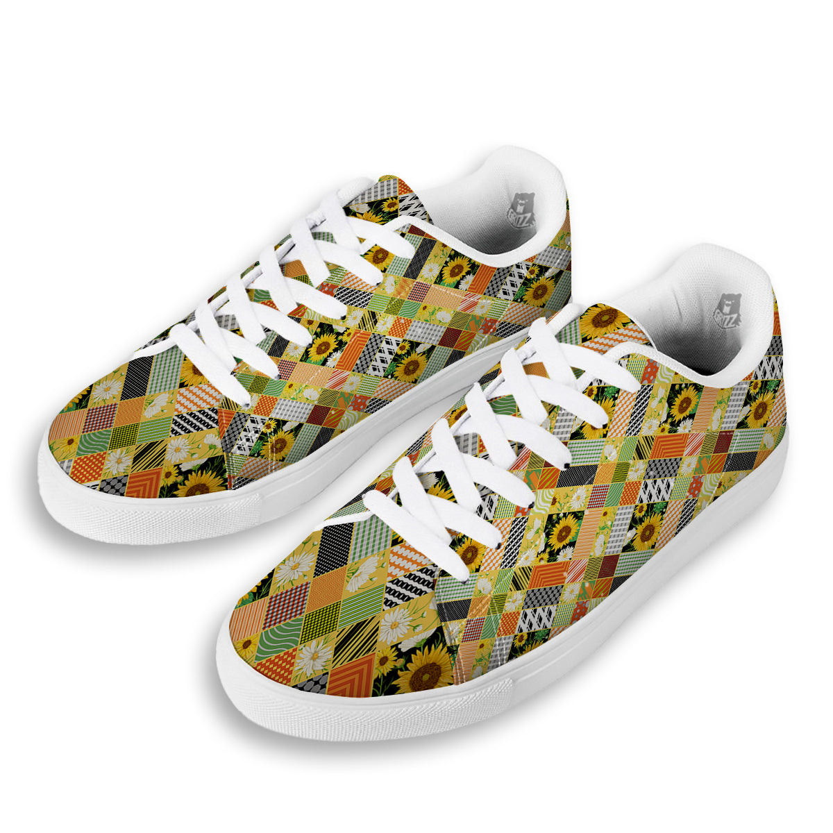 Patchwork Sunflowers Print White Low Top Sneakers-grizzshop