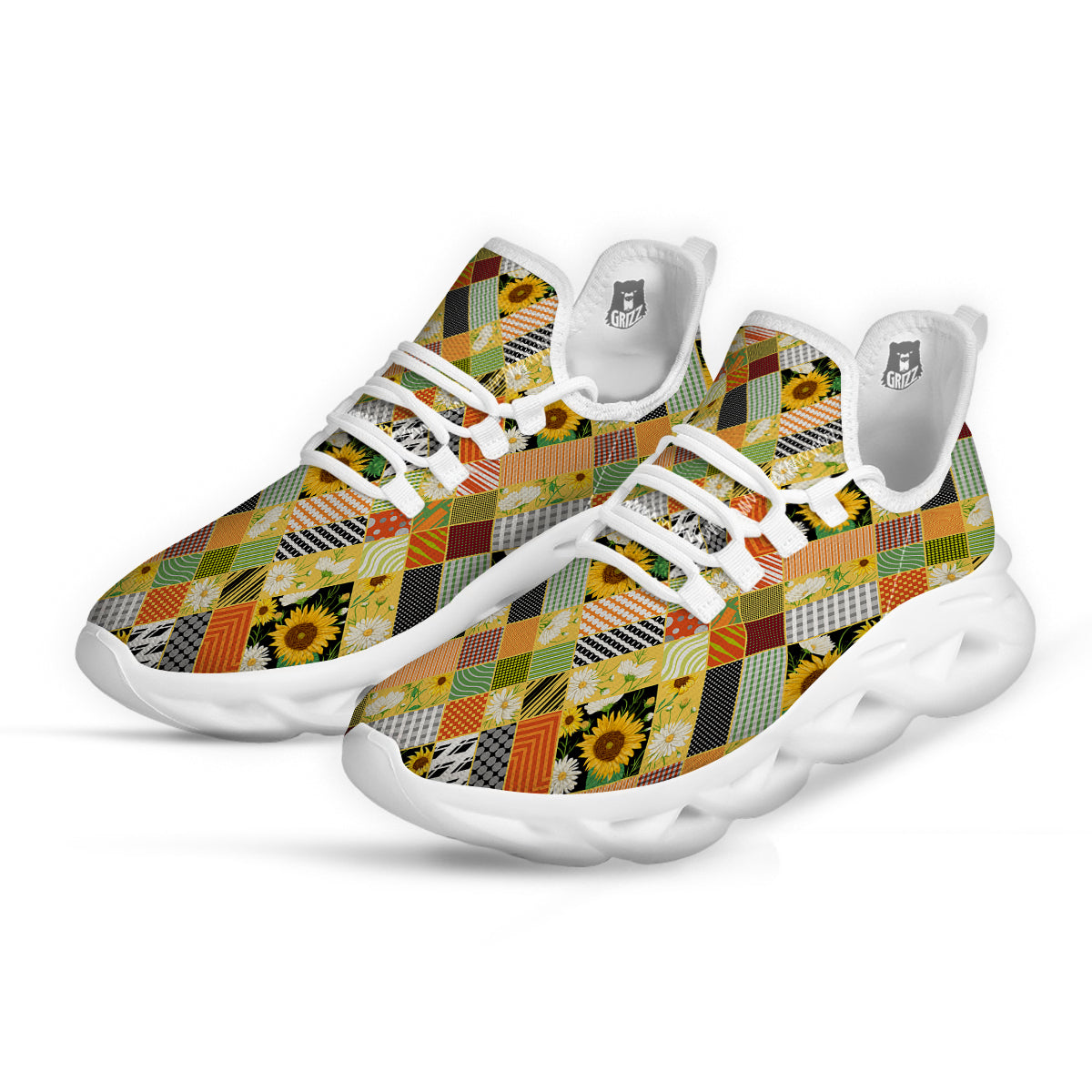 Patchwork Sunflowers Print White Running Shoes-grizzshop