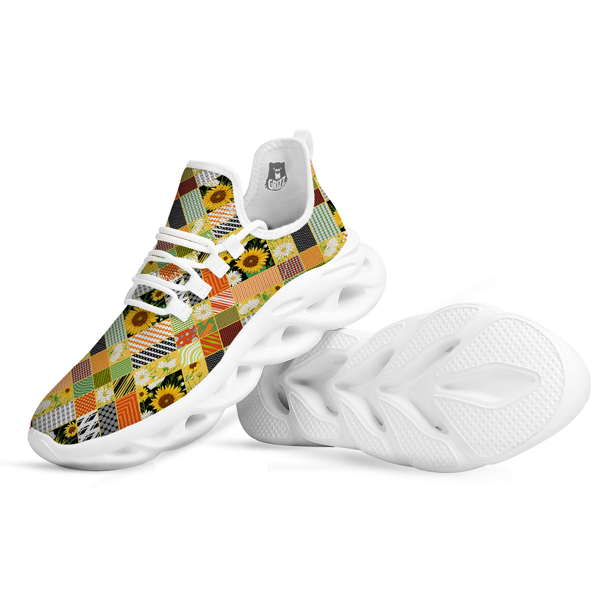 Patchwork Sunflowers Print White Running Shoes-grizzshop