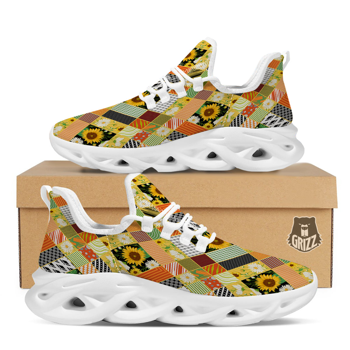 Patchwork Sunflowers Print White Running Shoes-grizzshop