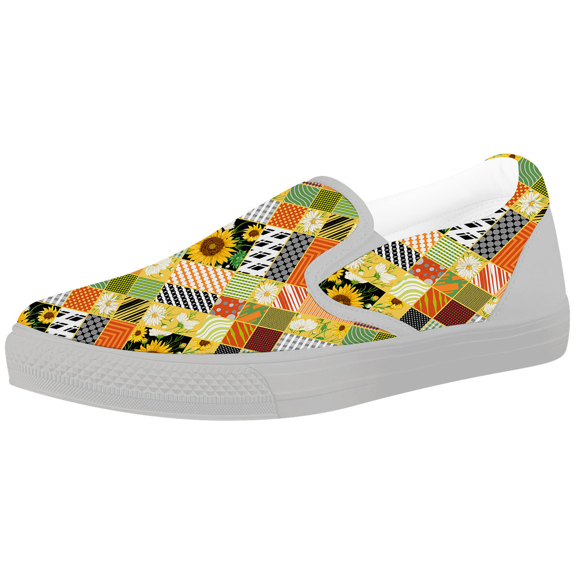 Patchwork Sunflowers Print White Slip On Shoes-grizzshop