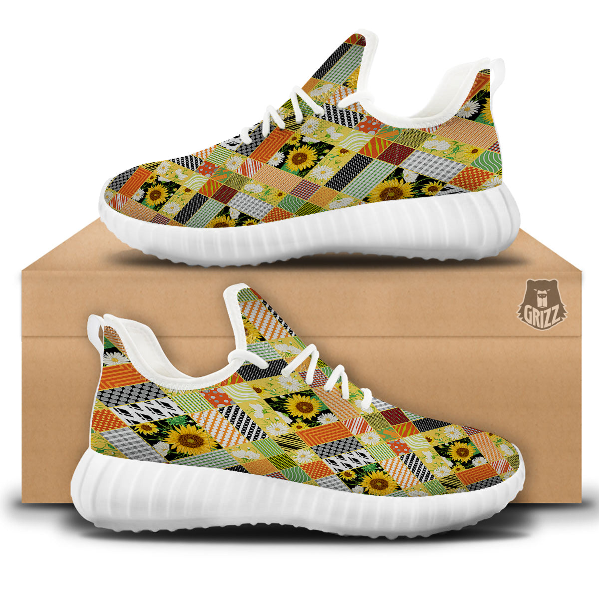 Patchwork Sunflowers Print White Walking Shoes-grizzshop