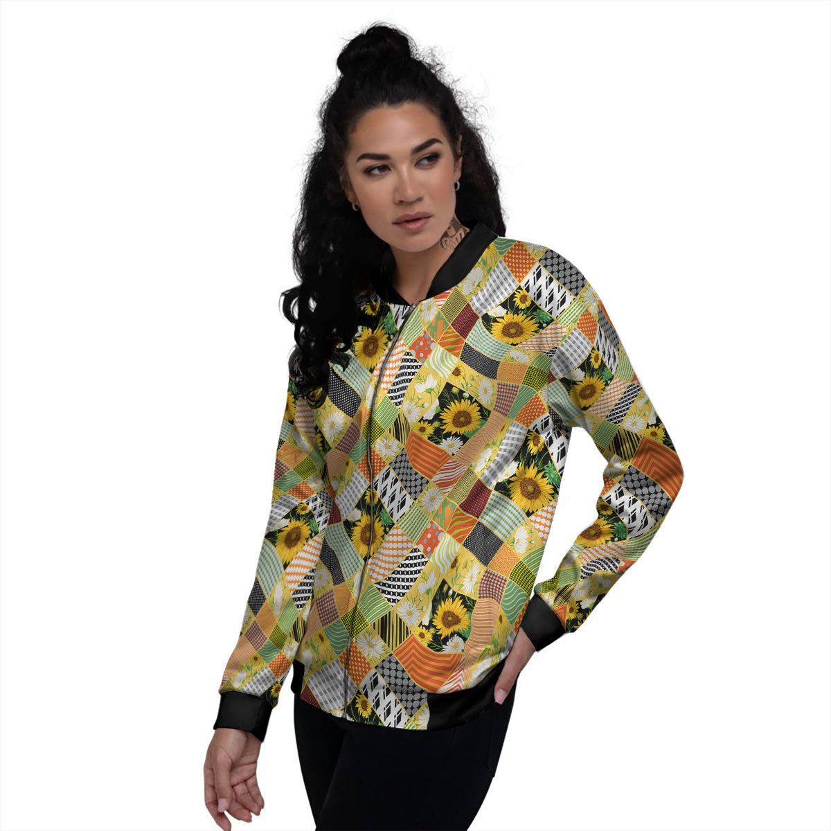 Patchwork Sunflowers Print Women's Bomber Jacket-grizzshop