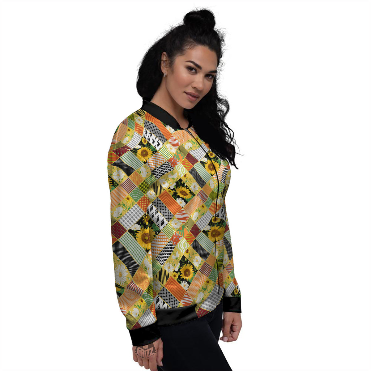 Patchwork Sunflowers Print Women's Bomber Jacket-grizzshop