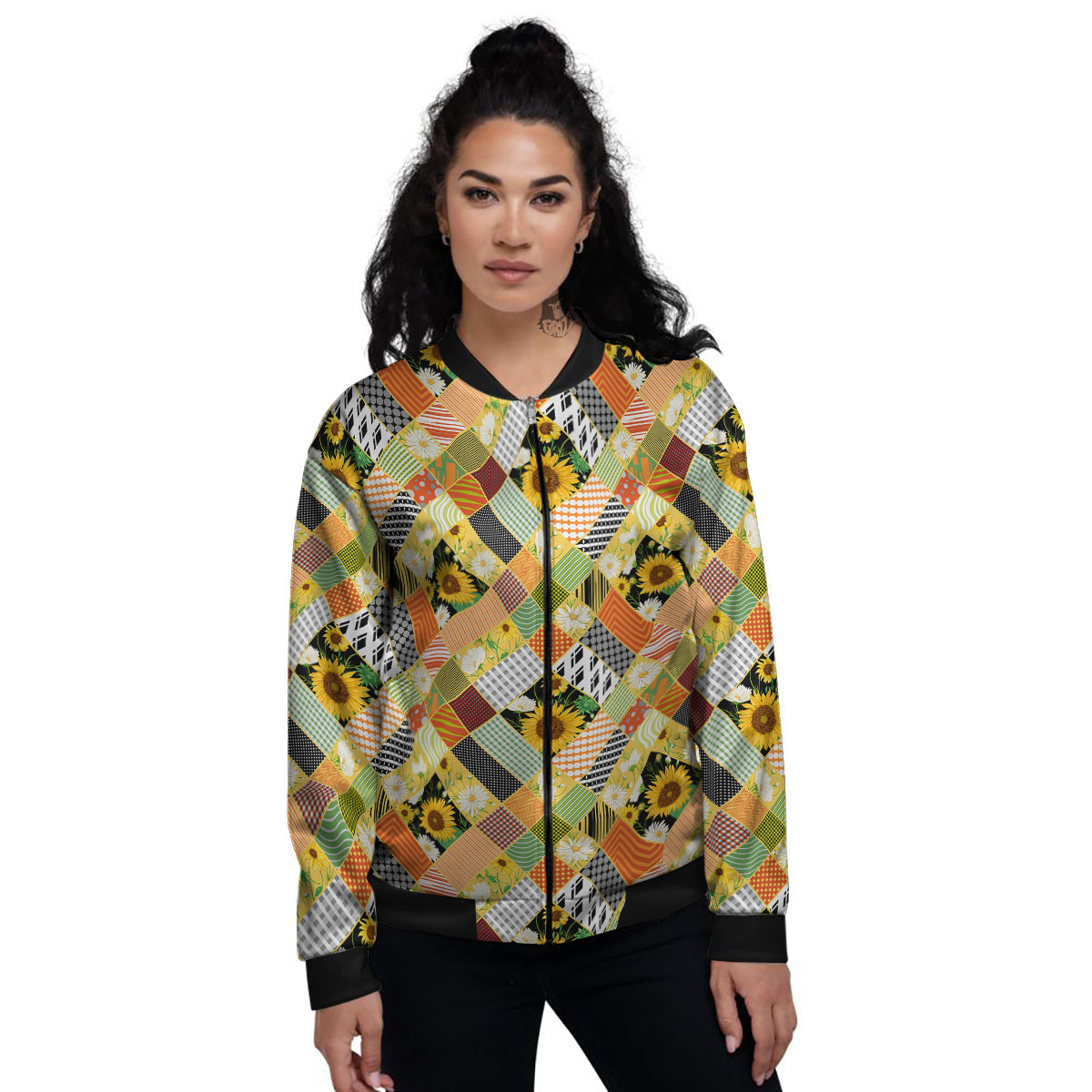 Patchwork Sunflowers Print Women's Bomber Jacket-grizzshop