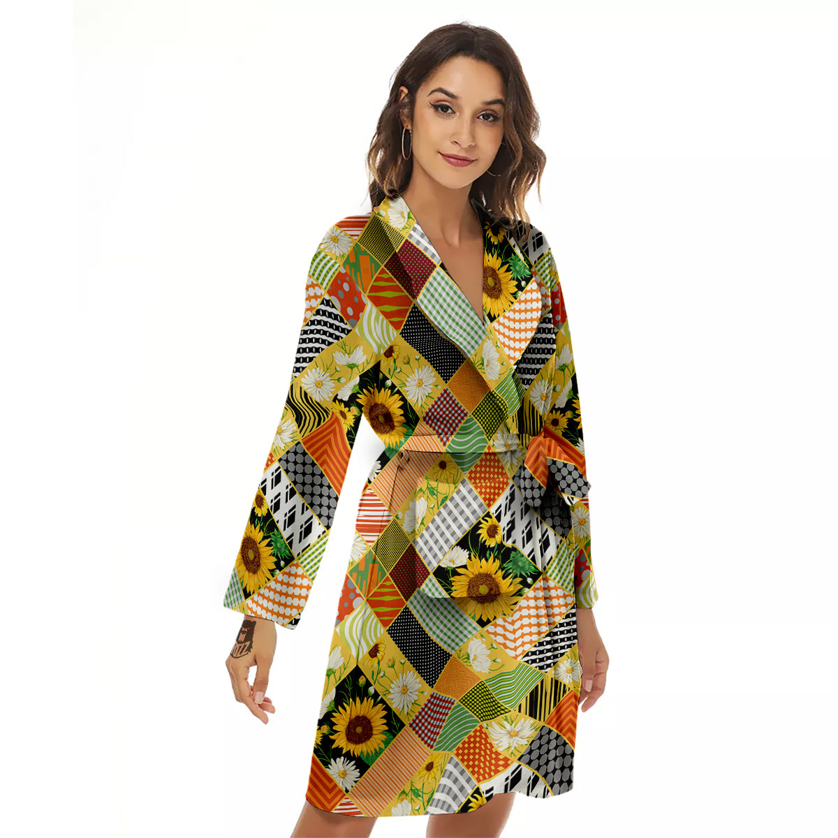 Patchwork Sunflowers Print Women's Robe-grizzshop