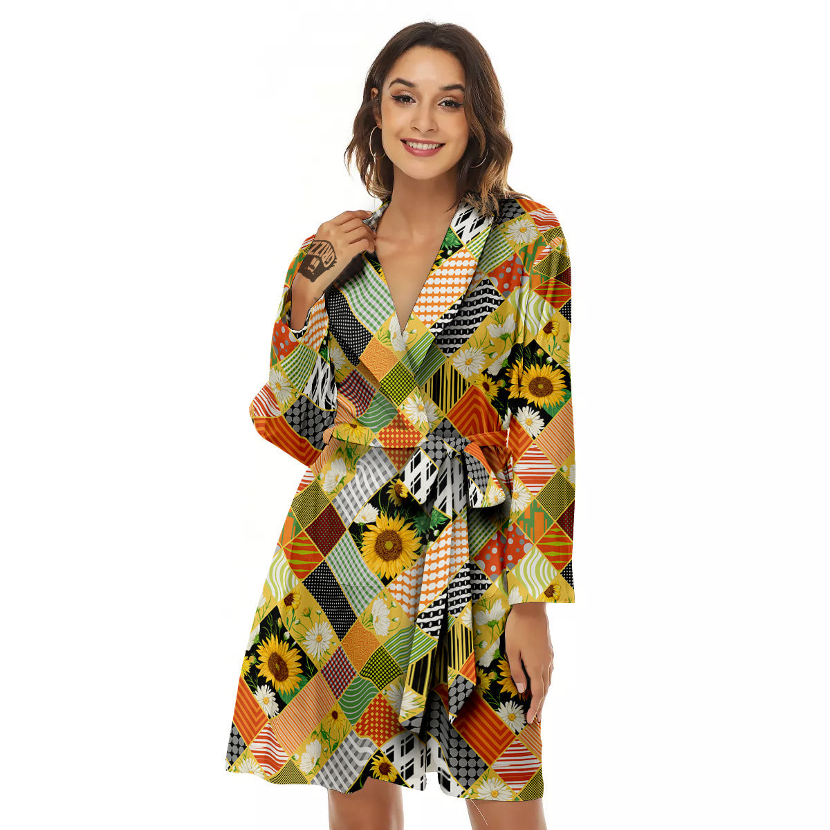 Patchwork Sunflowers Print Women's Robe-grizzshop