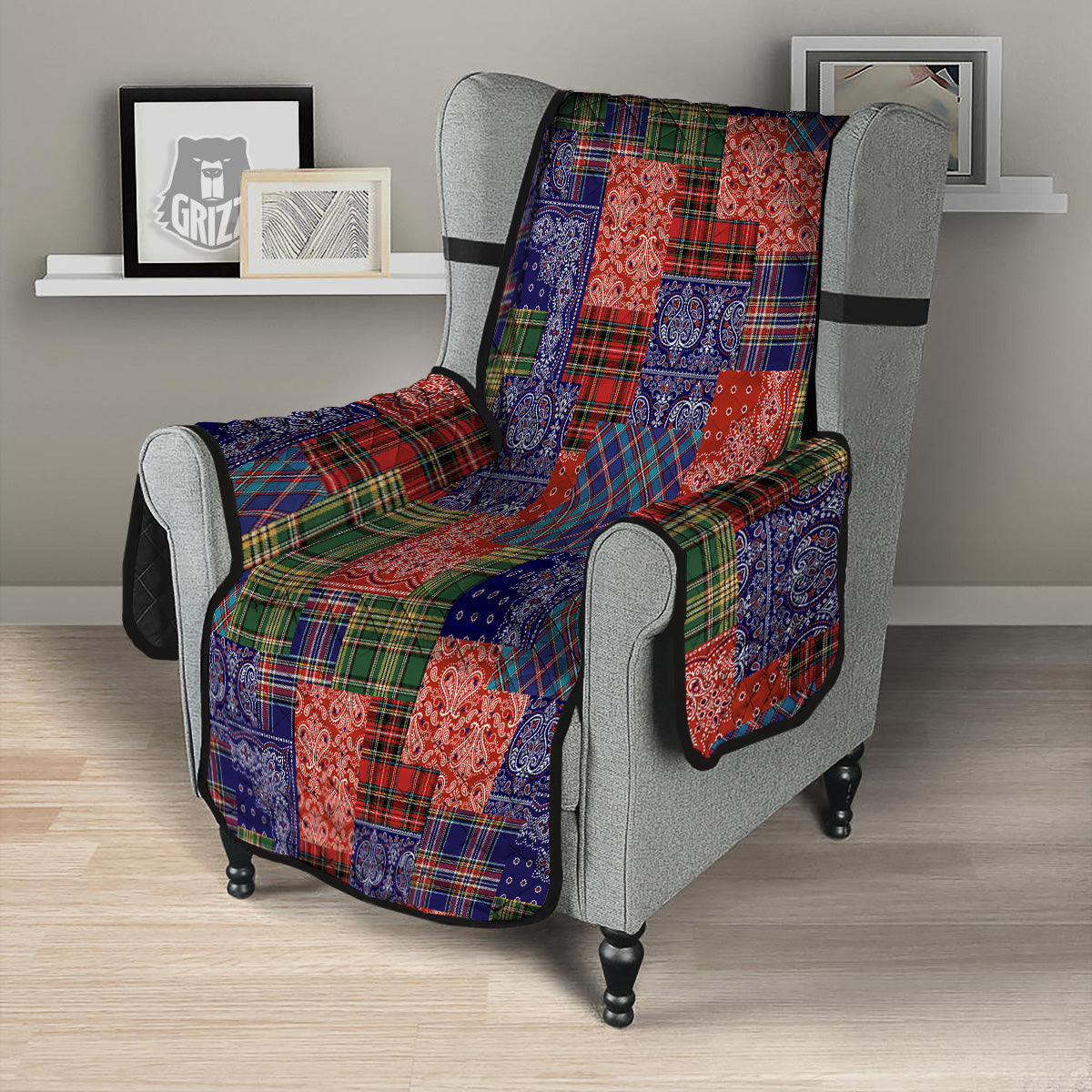 Patchwork Tartan And Bandana Print Pattern Armchair Protector-grizzshop