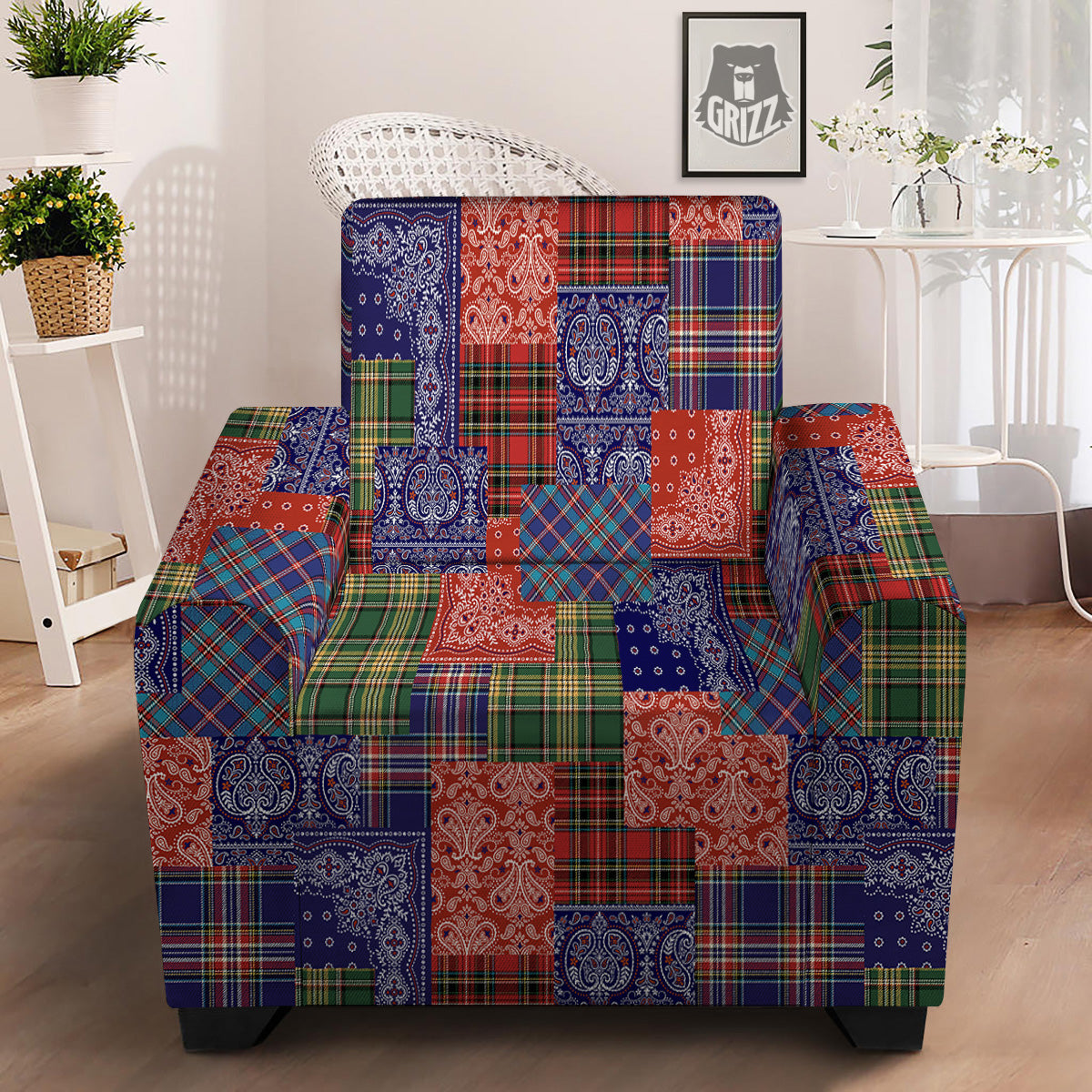 Patchwork Tartan And Bandana Print Pattern Armchair Slipcover-grizzshop