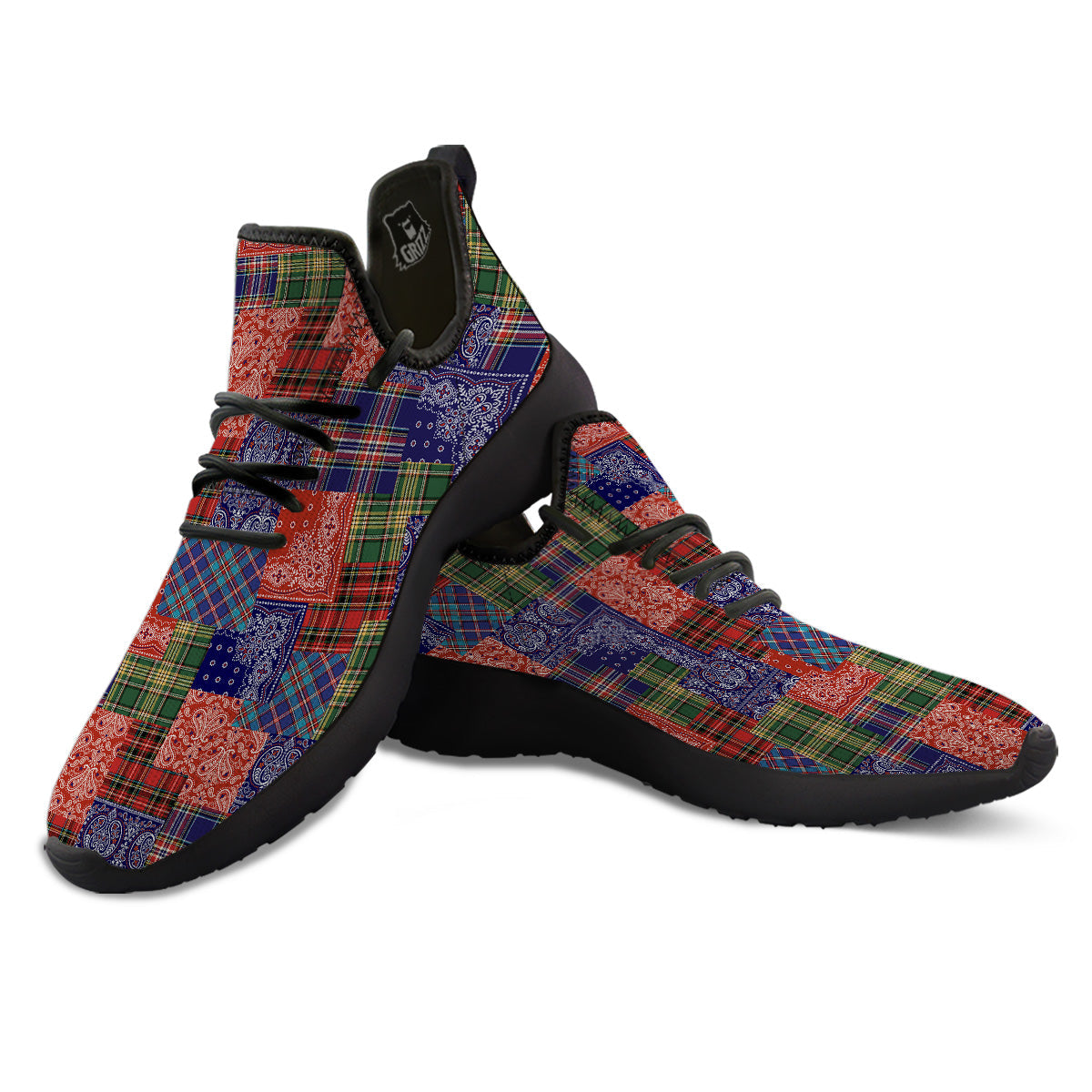 Patchwork Tartan And Bandana Print Pattern Black Athletic Shoes-grizzshop