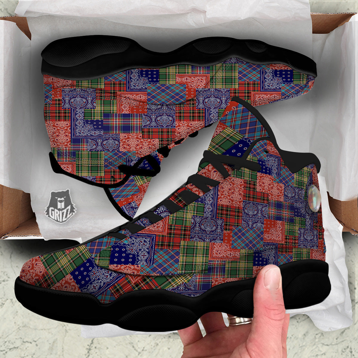 Patchwork Tartan And Bandana Print Pattern Black Basketball Shoes-grizzshop