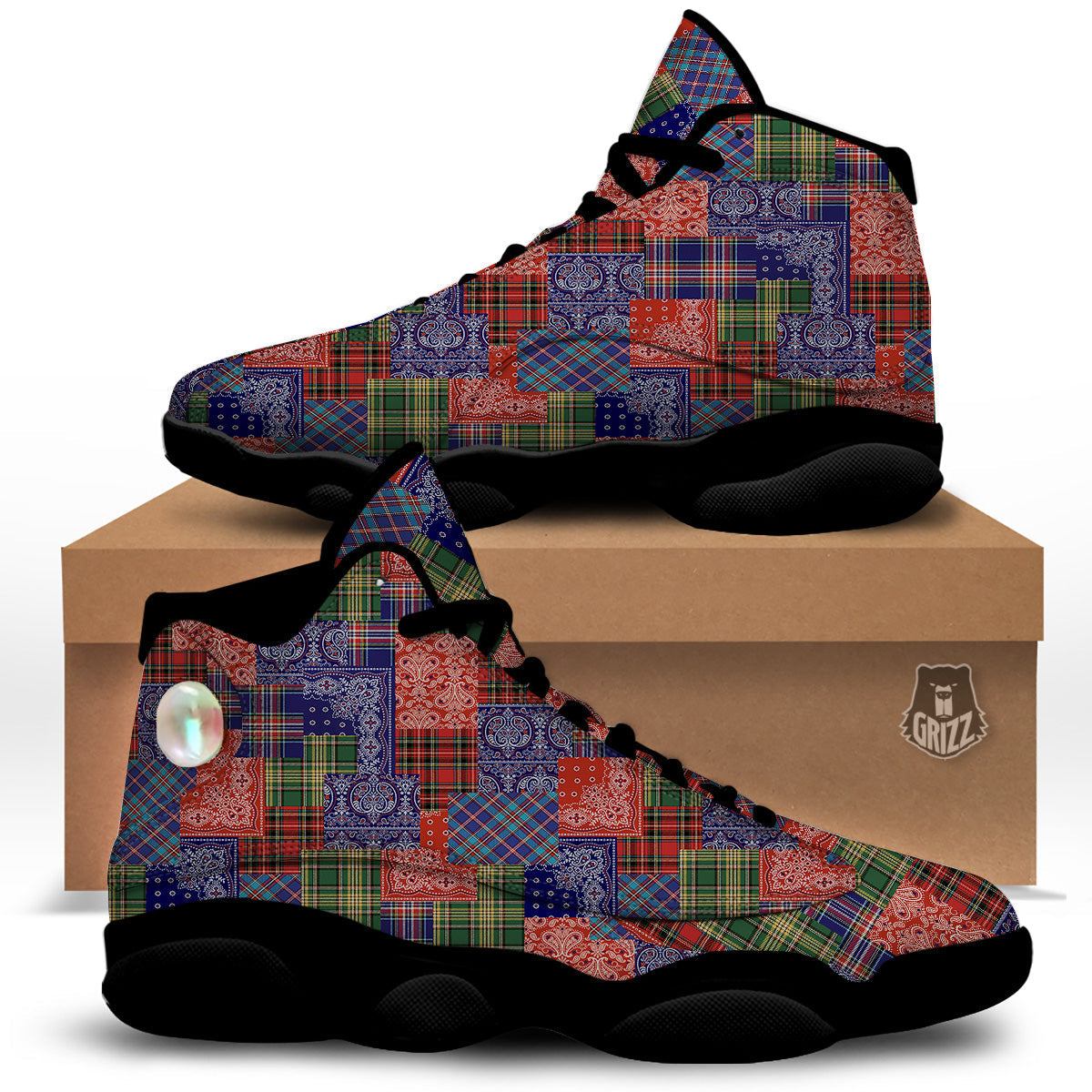 Patchwork Tartan And Bandana Print Pattern Black Basketball Shoes-grizzshop