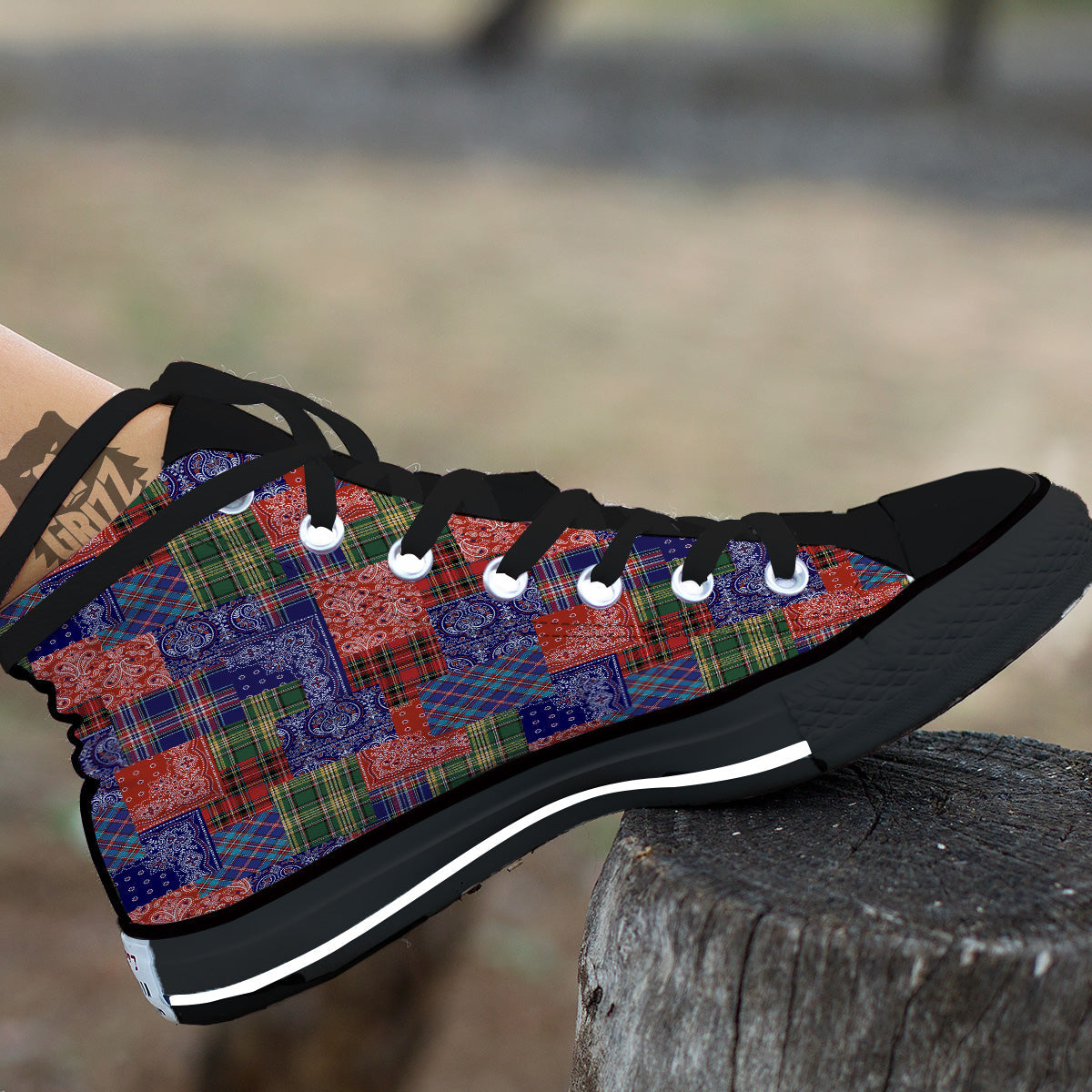 Patchwork Tartan And Bandana Print Pattern Black High Top Shoes-grizzshop