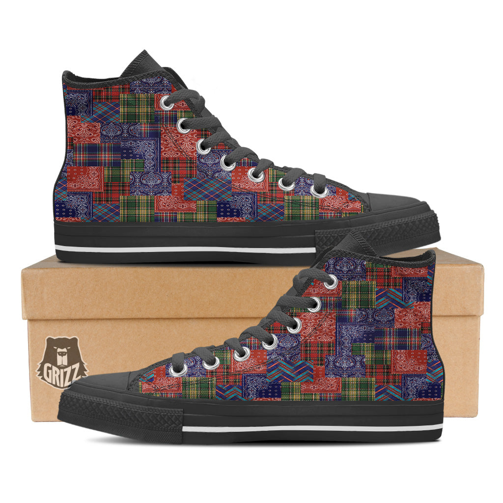 Patchwork Tartan And Bandana Print Pattern Black High Top Shoes-grizzshop