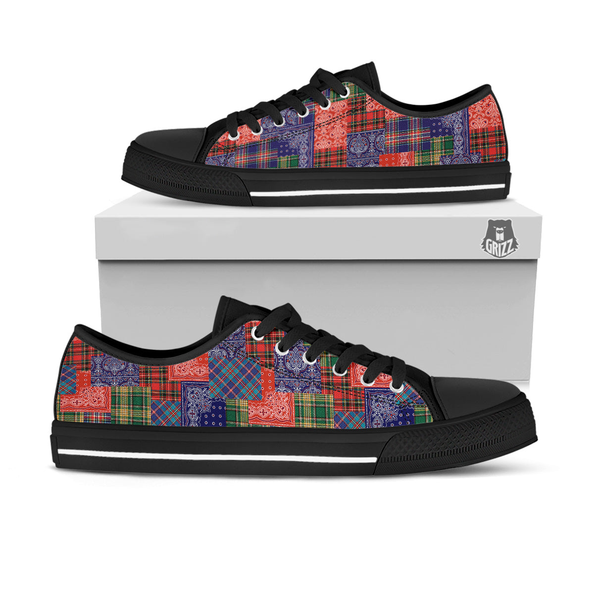 Patchwork Tartan And Bandana Print Pattern Black Low Top Shoes-grizzshop