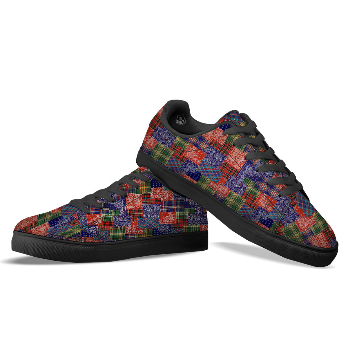 Patchwork Tartan And Bandana Print Pattern Black Low Top Sneakers-grizzshop