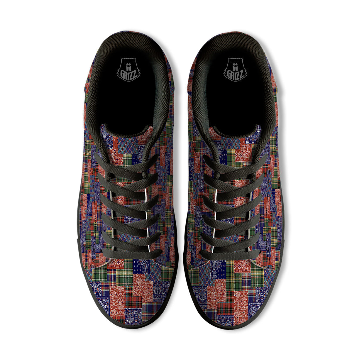 Patchwork Tartan And Bandana Print Pattern Black Low Top Sneakers-grizzshop